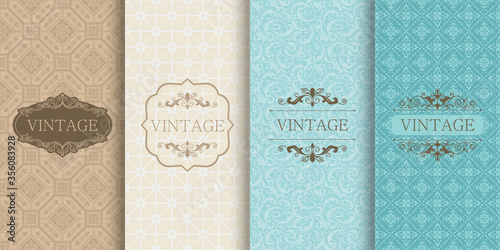 Set of Vintage seamless damask pattern on bright background. Wallpaper in Turkish style. Islam, Arabic, Indian, Ottoman motifs. Template greeting card, invitation and advertising banner, brochure
