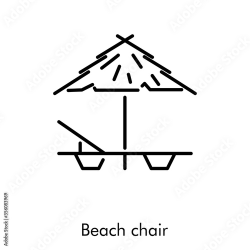 Concepto de vacaciones y viajes. Icono plano lineal silla de playa de madera con sombrilla de palma en color negro
