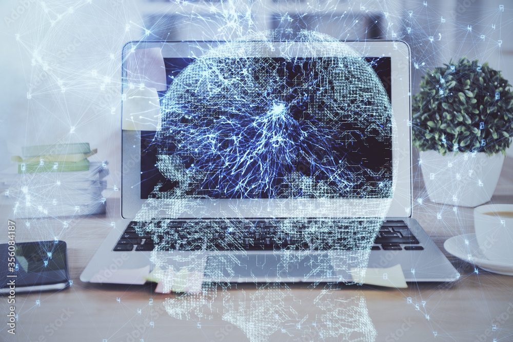 Double exposure of table with computer and brain hologram. Data innovation concept. Double exposure of table with computer and brain hologram. Data innovation concept.