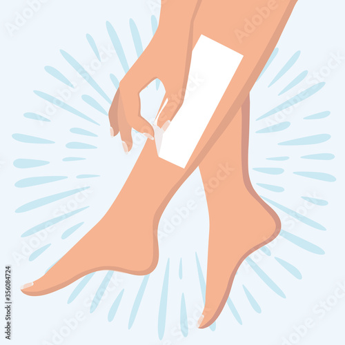 Vector flat design illustration of epilation or depilation procedure. Cosmetologist or beautician depilating legs of beautiful girl in towels. Waxing or sugaring process with strips. Hair removal.