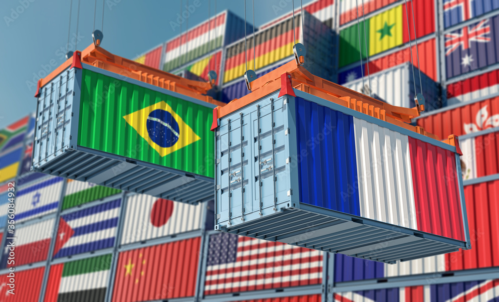 Freight containers with Brazil and France flag. 3D Rendering 