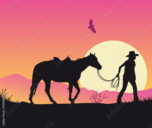 Cowgirl leading saddled horse silhouette sunset background vector © vectorbox