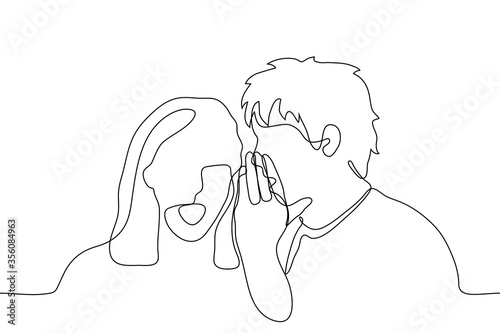 Woman and man are whispering. A man whispers to a woman's ear, she opened her mouth in surprise. One continuous line drawing concept of gossip, transmission of secret, information, hearing photo
