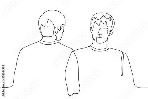 Two men stand side by side (shoulder to shoulder) but look in opposite directions. One continuous line art concept of brotherhood, partnership, support, care, protection, herd instinct,