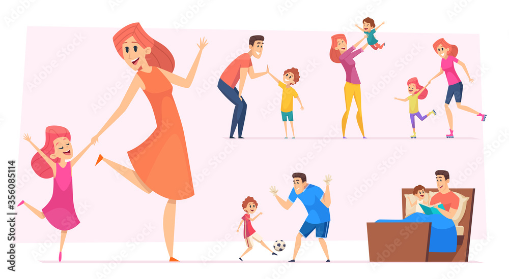Good time kids. Happy parents with children playing learning dancing father mother with son and daughter vector set. Illustration parenting with child together, happiness mom love Good time kids. Happy parents with children playing learning dancing father mother with son and daughter vector set. Illustration parenting with child together, happiness mom love