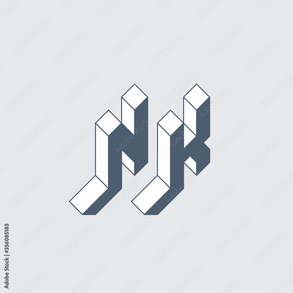 NK - logo or 2-letter code. Isometric 3d font for design. N and K - Monogram or logotype. Three-dimension letters. Vector. NK - logo or 2-letter code. Isometric 3d font for design. N and K - Monogram or logotype. Three-dimension letters. Vector.