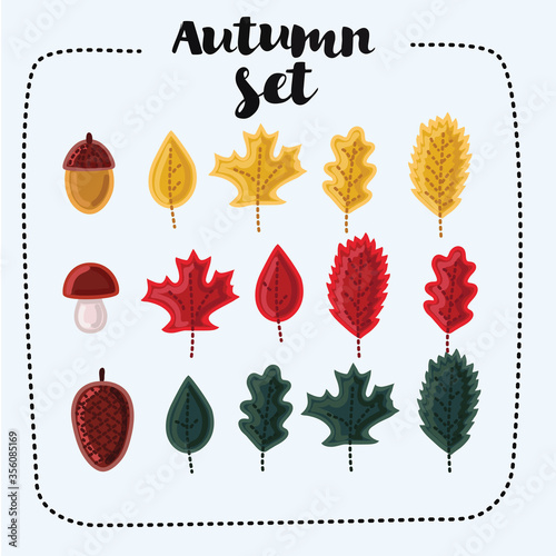 Set of cartoon cute colorful illustrations of autumn fallen leaves photo