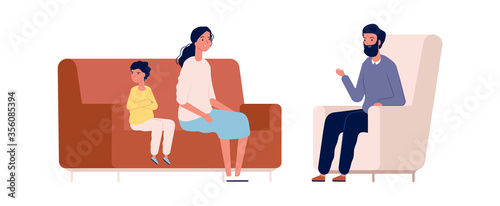 Family therapy. Mother son and counselor. Psychotherapy, children behavior problems vector illustration. Mother and boy therapy, family psychiatry problem