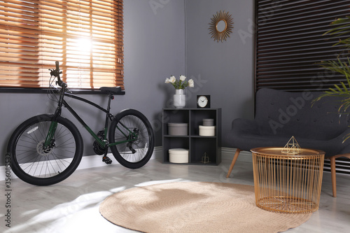 Modern bicycle and comfortable sofa in stylish living room interior