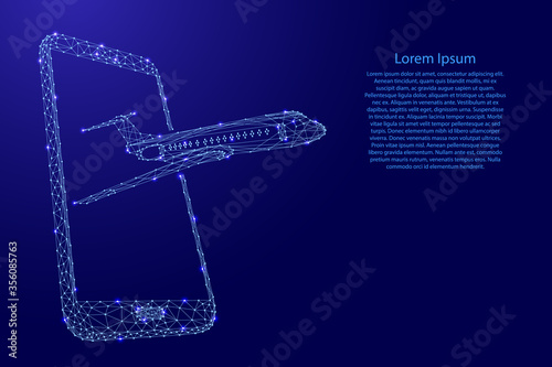Airplane flying out of a smartphone screen from futuristic polygonal blue lines and glowing stars for banner, poster, greeting card. Vector illustration.
