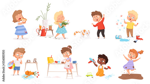 Kids destroy. Little delinquent messy children hyperactivity energy games vector different troubles situation. Children destroy and smash, trouble situation carelessly illustration
