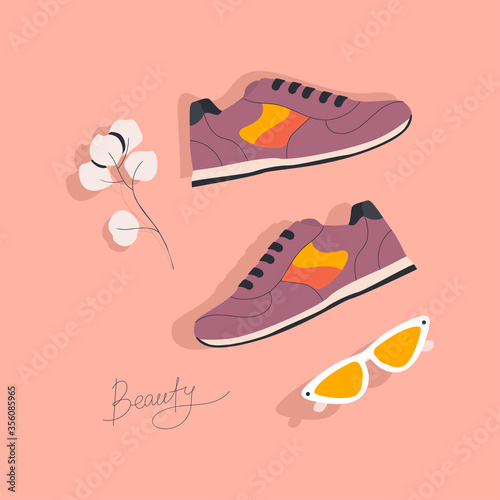 Hand-drawn beautiful women's accessories, sneakers and sunglasses. Eucalyptus plant. Flat vector illustration.