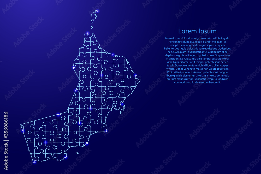 Oman map from blue pattern composed puzzles and glowing space stars. Vector illustration.
