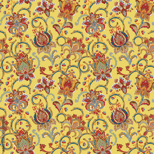 Fantasy flowers seamless paisley pattern. Floral ornament, for fabric, textile, cards, wrapping paper, wallpaper template.