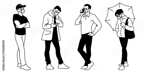 People in medical masks. Vector illustration of masked men in sketch style isolated on a white background. Respiratory protection. Facial tissue to prevent diseases, flu, air pollution. Men standing.