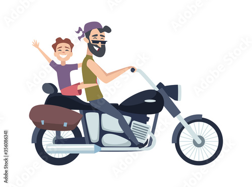 Biker on motorcycle. Father rolls son on scooter. Happy cartoon fathers weekend vector illustration. Father with son by motorcycle, motorbike rider