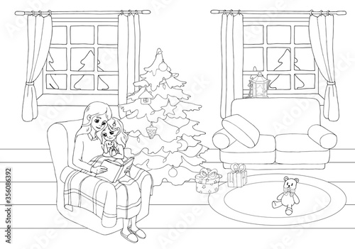 Mom reads a fairy tale to her daughter in the christmas decorated living room. Mother reading a book to her child. Family life scene. White and black vector illustration for coloring book.