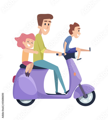 Happy children with father. Family weekend, man and kids on motorbike. Isolated cartoon cute boy girl riding on scooter vector illustration. Dad and son, daughter ride by scooter outdoor