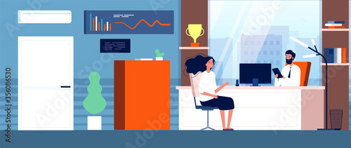 Job interview. Businessman and young woman in office. Internship or hiring, employer and job seeker talking vector illustration. Recruitment professional and hiring, occupation management
