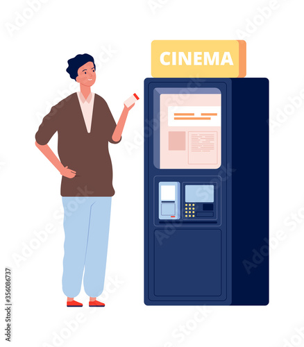 Ticket vending machine. Man buy card, cinema time. Flat movie theater visitor vector illustration. Ticket machine cinema, buy to movie entertainment