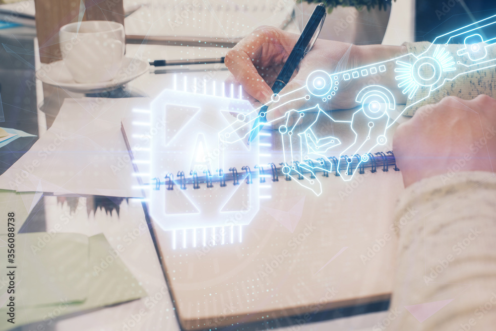 Fototapeta premium Double exposure of writing hand on background with data solution technology hologram. Ai concept.