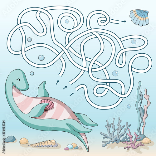 Labyrinth. Maze game for kids. Help cute cartoon swimming dinosaur find path to the sea shell. Vector illustration. Blue and turquoise pastel colors.