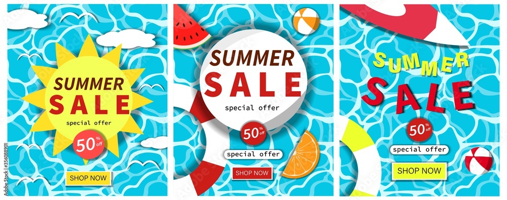 Set Of Summer Sale Poster, banner, advertising, Flowing on Water Concept. Vector Design.