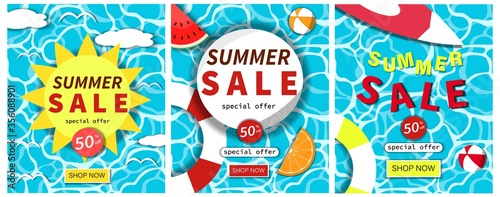 Set Of Summer Sale Poster, banner, advertising, Flowing on Water Concept. Vector Design.