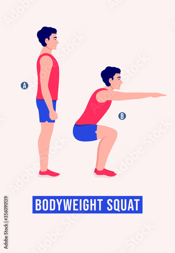 Men doing Bodyweight Squat exercise, Men workout fitness, aerobic and exercises. Vector Illustration.