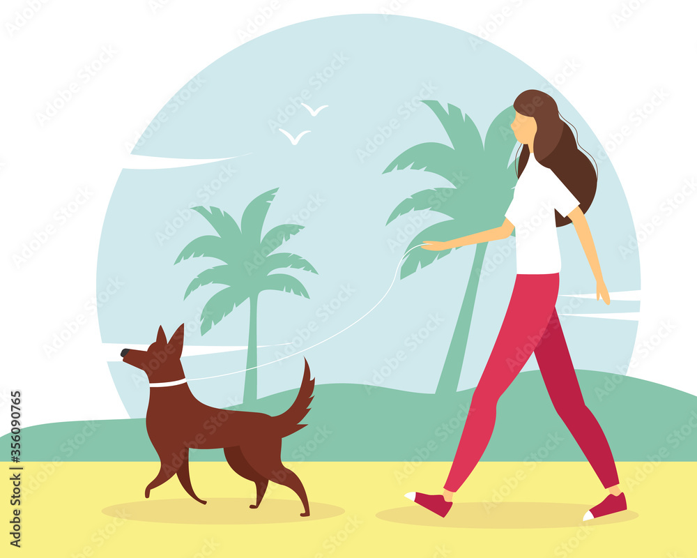 Woman walking with the dog on the beach. The concept of an active lifestyle, outdoor recreation. Cute summer illustration in flat style.