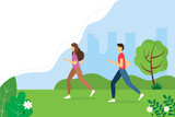 Young people run around the Park. Concept illustration for healthy lifestyle, exercising, jogging. Vector illustration in flat style. 