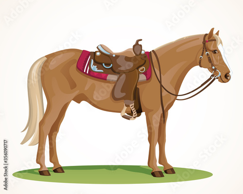 Western Horse with saddle and bridle - American Quarter Horse standing in side view