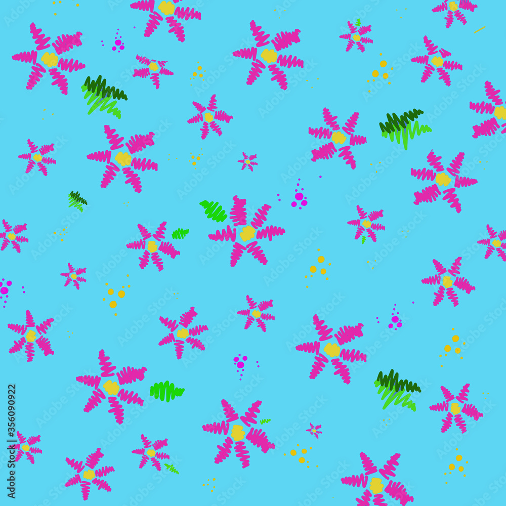 Kids drawing of doodle flowers with leaves pattern on blue background. Hand drawn style illustration. Abstract blossom design for printing on textile or postcard. Kids drawing of doodle flowers with leaves pattern on blue background. Hand drawn style illustration. Abstract blossom design for printing on textile or postcard.