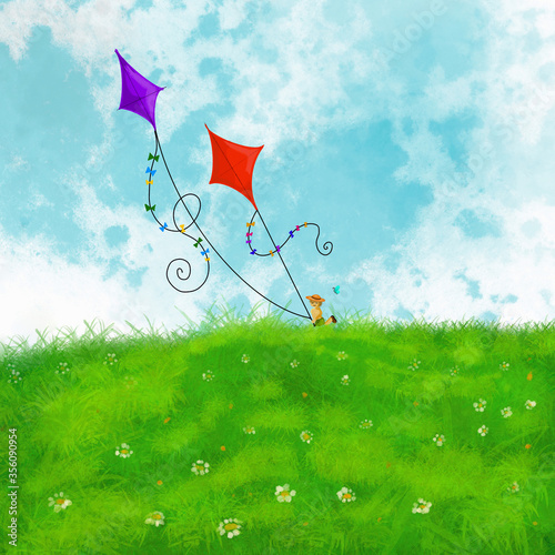 Green grass landscape with boy holding two kites. Purple and red kites flying in the air. Summer illustration with leisure activity. Young boy sitting on grass.
