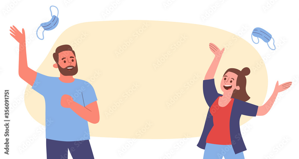 Young couple celebrating the end of the COVID-19 virus pandemic by throwing their surgical masks into the air. Horizontal banner design, with blank space. Young couple celebrating the end of the COVID-19 virus pandemic by throwing their surgical masks into the air. Horizontal banner design, with blank space.