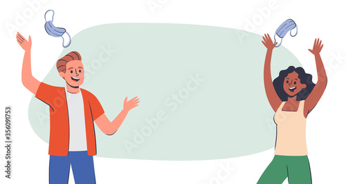 Young couple celebrating the end of the COVID-19 virus pandemic by throwing their surgical masks into the air. Hand drawn vector illustration. Horizontal banner design, with blank space.