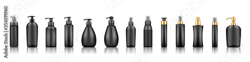 Black luxury pump bottle mockups: serum, moisturizer, lotion, soap, cream, sanitizer. Plastic package design. Cosmetic, hygiene, skincare template. Set of isolated 3d realistic vector illustrations