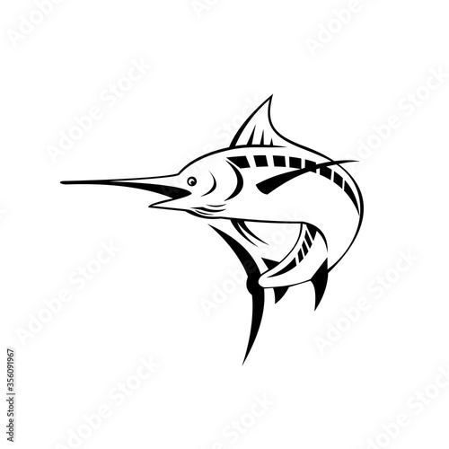 Atlantic Blue Marlin Swimming Upward Retro Black and White