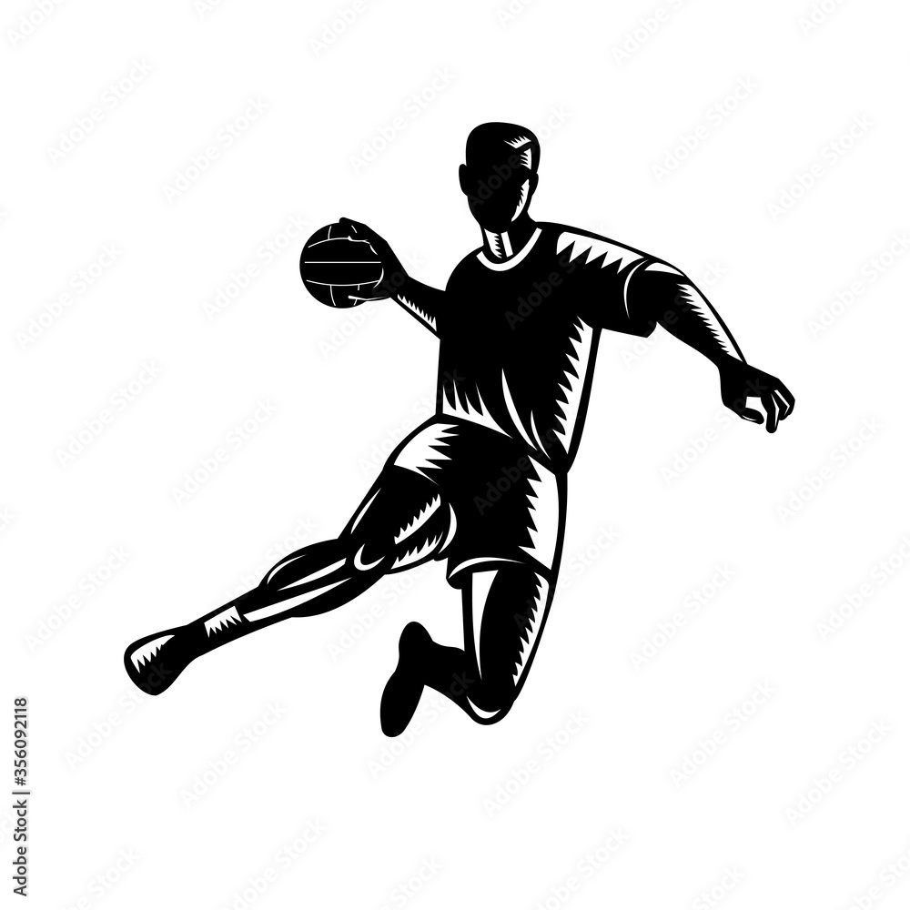 Team Handball Player Jumping Scoring Woodcut Black and White
