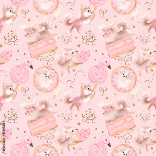Photography Cute dogs love sweets. Pink girly seamless pattern.