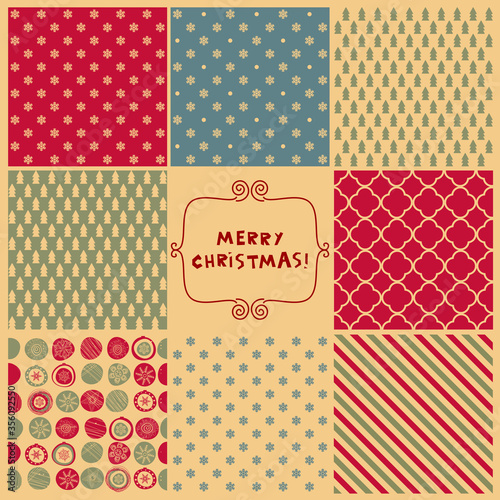 Set of Christmas seamless patterns for wrapping paper. Hand drawn Christmas backgrounds. Vector illustration
