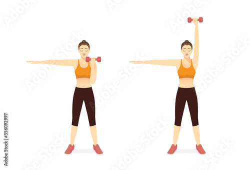 Sport Women doing Fitness with Single Arm Overhead Press Dumbbell Exercise in 2 steps. Diagram of How to easy Fitness training target to Arms muscles. front view.