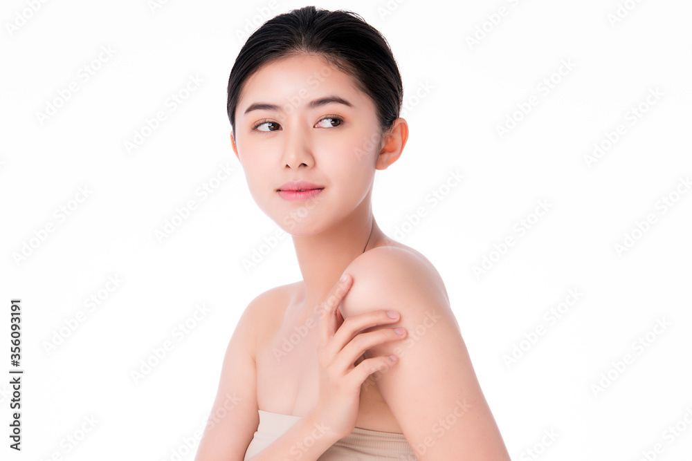 Beautiful Young Asian Woman touching her body with fresh Healthy Skin, isolated on white background, Beauty Cosmetics and Facial treatment Concept Beautiful Young Asian Woman touching her body with fresh Healthy Skin, isolated on white background, Beauty Cosmetics and Facial treatment Concept