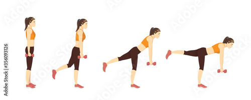 Woman doing Single Leg Deadlift exercise while holding Dumbbell in her hands in 4 step. Illustration about Fitness with lightweight equipment.