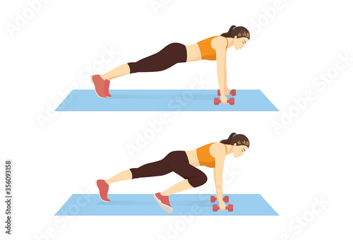 Woman doing Spiderman plank exercise with dumbbell on blue mat in 2 step. Illustration about fitness with lightweight equipment for abdominal muscles. Stock Vector | Adobe Stock