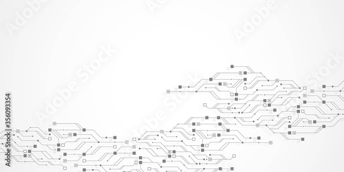 Technology circuit board texture background. Abstract circuit board banner wallpaper. Digital data industry. Engineering electronic motherboard. Wave flow, vector illustration.