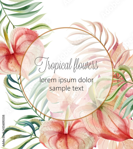 Tropical flowers and leaves card with place for text. Watercolor