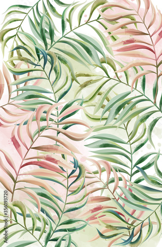 Tropical leaves pattern. Red and green color. Watercolor