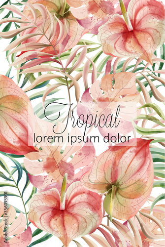 Tropical leaves card with place for text. Watercolor