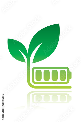 自然環境に優しい持続可能エネルギー 緑の葉とバッテリーのロゴ Eco friendly Sustainable energy logo Green leaf and battery